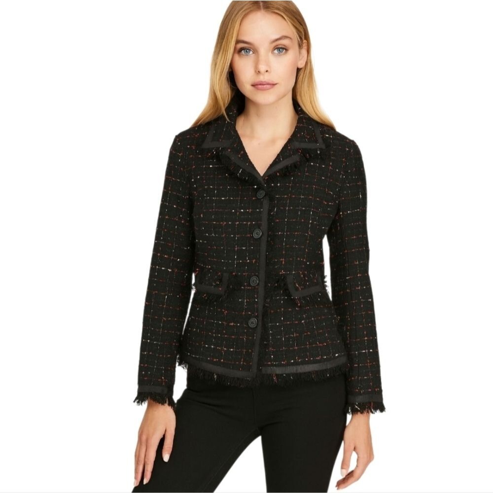 Robert Louis Confetti Tweed Windowpane Blazer Jacket Size M Black Red Pink White